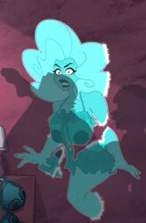 3girls blue_bra blue_hair blue_skin bra breasts colored_skin danny_phantom dawna_phantom green_eyes highres implied_sex jasmine_fenton large_breasts maddie_fenton multiple_girls nipples omiiverse shadow skirt solo_focus tribadism underwear unworn_bra voyeurism yuri