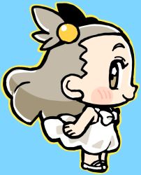 Rule 34 | 1girl, bkub, blue background, brown eyes, brown hair, chibi, chibi only, dress, from side, full body, hair bobbles, hair ornament, highres, jasmine (pokemon), long hair, looking at viewer, nintendo, outline, pokemon, pokemon gsc, profile, sideways glance, simple background, sleeveless, sleeveless dress, smile, solo, standing, sundress, two side up, white dress, yellow outline