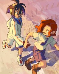 Rule 34 | 1boy, 1girl, azukimomonaka, black hair, blue shirt, blue shorts, boots, brown boots, brown hair, collared shirt, commentary request, crossed bangs, hair between eyes, highres, holding hands, jacket, juliana (pokemon), kieran (pokemon), long sleeves, mole, mole under eye, necktie, nintendo, open mouth, pokemon, pokemon sv, purple hair, running, school uniform, shirt, shoes, short sleeves, shorts, socks, sweat, uva academy school uniform, white jacket, white shirt, white shorts