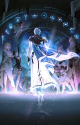 2_0_9 3boys 6+girls absurdres aglaea_(honkai:_star_rail) anaxa_(honkai:_star_rail) animal_hood antenna_hair armor armored_boots black_coat black_gloves black_pants black_shirt blonde_hair blue_cape boots cape castorice_(honkai:_star_rail) cat_girl cat_hood cat_tail chest_tattoo chrysos_heirs_(honkai:_star_rail) cipher_(honkai:_star_rail) coat coreflame_(honkai:_star_rail) different_reflection dress fingerless_gloves floating flower from_behind gloves gold_necklace gradient_hair hair_flower hair_ornament hashtag-only_commentary highres honkai:_star_rail honkai_(series) hood hood_up hyacine_(honkai:_star_rail) jewelry laurel_crown multicolored_hair multiple_boys multiple_girls mydei_(honkai:_star_rail) necklace open_clothes open_coat pants pauldrons phainon_(honkai:_star_rail) purple_eyes purple_hair red_hair red_tattoo reflection ripples shirt short_hair shoulder_armor side_cape single_pauldron sky star_(sky) starry_sky tail tattoo tiara trianne_(honkai:_star_rail) tribbie_(honkai:_star_rail) trinnon_(honkai:_star_rail) white_coat white_dress white_hair