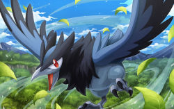 cloud commentary_request corvisquire day falling_leaves feathered_wings flying gen_8_pokemon hakuginnosora highres leaf nintendo no_humans open_mouth outdoors pokemon pokemon_(creature) pokemon_focus red_eyes sky solo talons tongue wind wings
