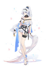 Rule 34 | 1girl, absurdly long hair, absurdres, alternate costume, alternate hair length, alternate hairstyle, black hairband, blue eyes, blue nails, commentary request, crown, full body, hairband, high-waist shorts, high ponytail, highres, honkai (series), honkai impact 3rd, kiana kaslana, long hair, looking at viewer, mini crown, nail polish, off-shoulder shirt, off shoulder, pmg, ponytail, shirt, shorts, simple background, smile, solo, standing, thigh strap, toenail polish, toenails, very long hair, white background, white hair, white shirt, white shorts