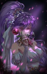 1girl absurdres bare_shoulders breasts closed_mouth commentary_request dated detached_collar detached_sleeves dress fire_emblem fire_emblem:_genealogy_of_the_holy_war fire_emblem_heroes flower highres holding holding_flower ishtar_(bride)_(fire_emblem) ishtar_(fire_emblem) lips long_hair looking_at_viewer mixed-language_commentary nintendo official_alternate_costume petals pink_lips ponytail red_flower red_rose rose signature smile solo twitter_username very_long_hair wedding_dress white_dress yeeej