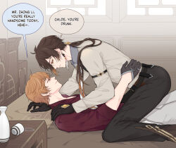 2boys alcohol bottle drunk english_text genshin_impact hand_on_another&#039;s_waist multiple_boys rinrink20 speech_bubble straddling tartaglia_(genshin_impact) twitter wine_bottle yaoi zhongli_(genshin_impact)