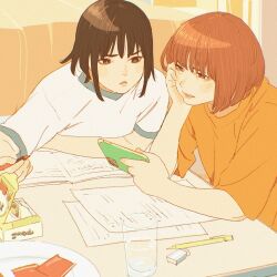 2girls 55bata6rou bob_cut brown_eyes brown_hair cellphone check_copyright copyright_request eraser hand_on_own_cheek hand_on_own_face head_rest highres holding holding_phone indoors leaning_forward looking_at_phone multiple_girls naruse_akari naruse_wa_tenka_wo_tori_ni_iku paper pen phone plate shimasaki_miyuki shirt short_hair slice_of_life smartphone table upper_body white_shirt yellow_shirt