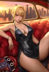 1girl alternate_costume arm_rest bangboo_(zenless_zone_zero) black_dress blonde_hair breasts building car_interior city dress evelyn_chevalier gradient_sky highres jewelry large_breasts looking_at_viewer mole mole_under_eye necklace purple_eyes sciamano240 sitting sky solo thighs watch window wristwatch zenless_zone_zero