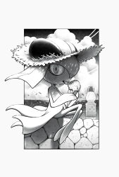 blush bottle cloud cucumber_(wanton9cum) food gen_3_pokemon greyscale hair_over_one_eye hat highres holding holding_food holding_ice_cream horns ice_cream ice_cream_cone kirlia looking_at_viewer monochrome nintendo outdoors pokemon pokemon_(creature) sidelocks sitting straw_hat summer sweat tongue tongue_out water_bottle