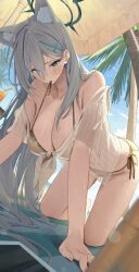 1girl all_fours animal_ear_fluff animal_ears beach bikini bikini_under_clothes black_halo blue_archive blue_eyes blush breasts cleavage cross cross_hair_ornament dark_halo extra_ears gold_bikini grey_hair hair_between_eyes hair_ornament halo highres inverted_cross large_breasts long_hair ningen_gokko see-through_clothes shiroko_(blue_archive) shiroko_terror_(blue_archive) shirt solo swimsuit thighs wet wolf_ears wolf_girl