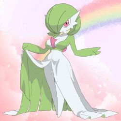 1girl bob_cut breasts collarbone colored_skin female_focus full_body gardevoir gen_3_pokemon green_hair green_skin groin hair_over_one_eye hands_up legs_together lifting_own_clothes looking_at_viewer medium_breasts multicolored_skin narrow_waist nintendo no_feet no_mouth one_eye_covered pink_background pokemon pokemon_(creature) rainbow red_eyes short_hair solo standing sunny_day_(pixiv_1052309) two-tone_skin white_skin wide_hips