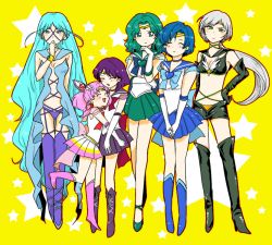 Rule 34 | 6+girls, aki4225, bishoujo senshi sailor moon, bishoujo senshi sailor moon stars, boots, brooch, chibi usa, cone hair bun, elbow gloves, friends, full body, gloves, hair bun, heart, heart brooch, hug, jewelry, kaiou michiru, knee boots, mizuno ami, multiple girls, sailor aluminum seiren, sailor chibi moon, sailor mercury, sailor neptune, sailor saturn, sailor star healer, simple background, star (symbol), star symbol background, super sailor chibi moon, super sailor mercury, super sailor neptune, super sailor saturn, tomoe hotaru, v arms, yaten kou
