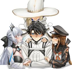 1boy 3girls absurdres aesc_(fate) aesc_(rain_witch)_(fate) black_bow black_dress black_hair black_hat black_jacket black_sailor_collar blonde_hair blue_eyes blue_lips blush bow braid breasts brown_eyes brown_hair center_opening cleavage cloak dress fate/grand_order fate_(series) fujimaru_ritsuka_(male) fujimaru_ritsuka_(male)_(decisive_battle_chaldea_uniform) grey_hair grey_sailor_collar hair_bow half_up_braid hat head_steam highres ishikawa_yui jacket kishinami_hakuno_(female) kishinami_hakuno_(female)_(mooncancer) large_breasts long_hair long_sleeves military_hat morgan_le_fay_(fate) multiple_girls neckerchief obazzotto orange_neckerchief orange_outline orange_trim outline ponytail popped_collar robe sailor_collar school_uniform serafuku short_hair sidelocks smile sweat two-tone_skirt voice_actor_connection white_cloak white_jacket white_robe white_serafuku witch_hat