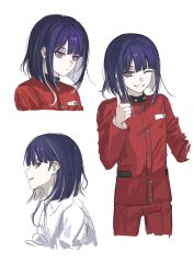 Rule 34 | 1boy, blunt bangs, blunt ends, collared shirt, colored inner hair, cropped legs, cropped shoulders, ear piercing, expressionless, from side, fu ga (vivi912912), gakuran, grin, highres, jacket, looking at viewer, male focus, multicolored hair, multiple views, one eye closed, pants, piercing, pink eyes, purple hair, red jacket, red pants, school uniform, shirt, short hair, simple background, smile, the hundred line -last defense academy-, thumbs up, tsukumo ima, two-tone hair, white background, white shirt