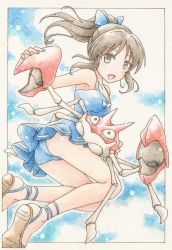 1girl colored_pencil_(medium) crossover gen_1_pokemon hair_ribbon highres idolmaster idolmaster_cinderella_girls inori_(pokemoart) krabby nintendo one-piece_swimsuit open_mouth pokemon pokemon_(creature) ribbon sandals swimsuit tachibana_arisu traditional_media