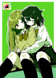 2girls animal_ears blush bow bowtie chinese_commentary closed_eyes closed_mouth collared_shirt color_wheel commentary_request dog_ears green_background hand_on_another&#039;s_chin highres hug hug_from_behind kemonomimi_mode kneehighs long_hair medium_hair miyagi_shiori multiple_girls one_eye_closed outline pleated_skirt school_uniform sendai_hazuki shirt shuuniichido_classmate_wo_kau_hanashi skirt smile socks sweater white_outline yuri zhanzhangzlw
