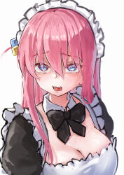 1girl absurdres black_necktie blue_eyes bocchi_the_rock! breasts cleavage collar gotoh_hitori hair_between_eyes hairband highres large_breasts long_hair looking_at_viewer maid maid_headdress mmsk necktie open_mouth pink_hair simple_background solo white_background white_collar white_hair