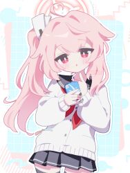 1girl ahoge anzen_robo_(474zz) artist_name black_thighhighs blue_archive blush cardigan cowboy_shot grey_sailor_collar grey_skirt hair_intakes halo holding holding_milk_carton long_hair long_sleeves looking_at_viewer milk_carton natsu_(blue_archive) neckerchief open_mouth pink_hair red_eyes red_neckerchief sailor_collar side_ponytail skirt solo thighhighs very_long_hair white_cardigan zettai_ryouiki