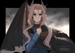 Rule 34 | 1girl, absurdres, artist name, black border, black cape, blue jacket, border, cape, closed mouth, flower, grey eyes, grey hair, grey sky, gun, hair ornament, hand up, highres, holding, holding flower, jacket, long hair, looking at viewer, military uniform, outside border, petrification, ratanan, reverse:1999, rifle, rifle cartridge, sentinel (reverse:1999), sky, solo, upper body, watermark, weapon, weapon on back