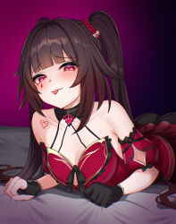 1girl :p armpit_crease ass asymmetrical_gloves bare_shoulders black_collar black_gloves brown_hair butterfly-shaped_pupils collar collarbone commentary dress ewaaawa gloves hairband half-closed_eyes heart heart_tattoo highres honkai:_star_rail honkai_(series) honkai_impact_3rd long_hair lying official_alternate_costume on_stomach red_dress red_eyes red_hairband solo sparkle_(fictitious_game)_(honkai:_star_rail) sparkle_(honkai:_star_rail) symbol-only_commentary symbol-shaped_pupils tattoo tongue tongue_out twintails