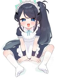 1girl :d apron aqua_halo aris_(blue_archive) aris_(maid)_(blue_archive) black_dress black_hair blue_archive blue_eyes blush bow bowtie collared_dress dress full_body halo high_ponytail kneehighs long_hair looking_at_viewer maid maid_apron maid_headdress nakajima_lupus no_shoes official_alternate_costume open_mouth ponytail puffy_short_sleeves puffy_sleeves short_sleeves side_ponytail simple_background sitting smile socks solo very_long_hair white_apron white_background white_socks wrist_cuffs