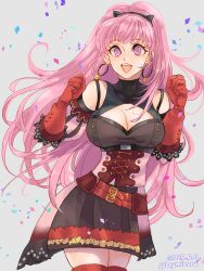 1girl blush breasts bryminoru cleavage dress earrings fire_emblem fire_emblem:_three_houses gloves highres hilda_valentine_goneril hilda_valentine_goneril_(timeskip) hoop_earrings jewelry large_breasts long_hair looking_at_viewer nintendo open_mouth pink_dress pink_eyes pink_hair ponytail red_gloves simple_background smile solo thighhighs thighs