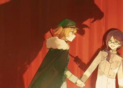 2girls :d arm_at_side black_cape blonde_hair breast_pocket buttons cape closed_mouth commentary curtains daiba_nana different_shadow expressionless fur-trimmed_cape fur_trim green_eyes green_hat hair_between_eyes hair_over_shoulder hat highres holding holding_hands holding_leash hoshimi_junna jacket leash long_hair long_sleeves looking_ahead looking_at_another low_side_ponytail multiple_girls ochano open_mouth peaked_cap pocket profile red_background short_hair short_sidetail shoujo_kageki_revue_starlight shoulder_boards smile stage_curtains symbol-only_commentary tiger white_jacket