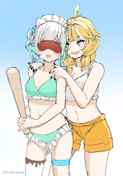 Rule 34 | 2girls, :d, absurdres, aqua hair, artist name, bare arms, bare shoulders, baseball bat, bikini, black nails, blindfold, blonde hair, blue background, blue eyes, colored blindfold, commentary, dokibird, english commentary, frilled bikini, frills, gradient background, gradient hair, green bikini, hair bobbles, hair ornament, hands on another&#039;s shoulders, highres, holding, holding baseball bat, indie virtual youtuber, light blush, maid headdress, midriff, mint fantome, multicolored hair, multiple girls, nail polish, navel, open mouth, pointy ears, shorts, simple background, single thighhigh, smile, stomach, swimsuit, tastelikenyan, thigh strap, thighhighs, twitter username, virtual youtuber, white background, white hair, yellow shorts