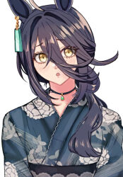 Rule 34 | 1girl, ahoge, animal ears, b9pqpy, black choker, black hair, black sash, blue kimono, blush, choker, crossed bangs, ear tag, earrings, furrowed brow, grey hair, hair between eyes, hair over shoulder, highres, horse ears, horse girl, japanese clothes, jewelry, kimono, long bangs, long hair, long hair between eyes, manhattan cafe (umamusume), multicolored hair, obi, parted lips, sash, simple background, single earring, solo, umamusume, variant set, white background, yellow eyes, yukata