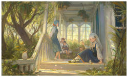 1boy 4girls animal animal_on_head arm_support armchair bag bird bird_on_hand bird_on_head black_footwear blue_dress blue_hair book border bow brown_hair building chair commentary creature dress english_commentary foliage hair_bow hand_up hanging_plant holding holding_book house krenz light_blue_hair long_dress long_hair long_sleeves looking_at_viewer multiple_girls nature on_head open_book original outdoors pink_socks plant potted_plant puffy_long_sleeves puffy_sleeves railing red_bow satchel scenery shoulder_bag sitting smirk socks stairs standing tree veranda white_border white_footwear white_hair white_socks window |_|