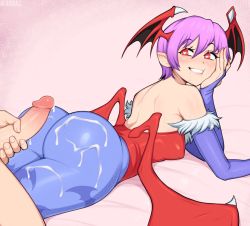 1boy 1girl afrobull ass bed_sheet blue_pantyhose blush cum cum_on_ass cum_on_body cum_on_clothes darkstalkers drooling erection eyebrows eyebrows_hidden_by_hair eyelashes grin head_rest head_wings heart heart-shaped_pupils hetero huge_ass lilith_(darkstalkers) lips looking_back low_wings lying on_stomach pantyhose penis pink_background pointy_ears short_hair smile solo_focus symbol-shaped_pupils teeth uncensored veins veiny_penis wings