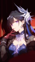 Rule 34 | 1girl, blunt bangs, blurry, blurry foreground, brown hair, center opening, clothing cutout, commentary, detached collar, dress, earpiece, earrings, frilled sleeves, frills, gloves, hair ornament, hairclip, hand up, hashtag-only commentary, headpiece, highres, honkai: star rail, honkai (series), hysilens (honkai: star rail), indoors, jewelry, long hair, long sleeves, looking at viewer, looking to the side, mluac, multicolored hair, parted lips, pearl earrings, purple eyes, red background, red gloves, see-through clothes, see-through sleeves, shade, shadow, shoulder cutout, solo, streaked hair, upper body