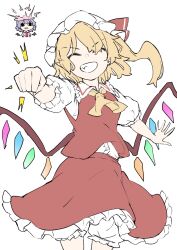 2girls ascot bat_wings blonde_hair bloomers clenched_hand closed_eyes collared_shirt commentary crystal crystal_wings deetamu facing_viewer flandre_scarlet frilled_shirt_collar frilled_skirt frills grin hat hat_ribbon highres long_hair mob_cap multicolored_wings multiple_girls one_side_up open_mouth pink_hat pink_shirt pointy_ears puffy_short_sleeves puffy_sleeves purple_hair red_ascot red_skirt red_vest remilia_scarlet ribbon shirt short_sleeves siblings sisters skirt skirt_set smile touhou underwear vest white_bloomers white_hat white_shirt wings yellow_ascot