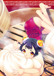 1girl arched_back ass bamboo_steamer steamed_bun bare_arms bare_legs barefoot black_hair blunt_bangs blurry blurry_foreground china_dress chinese_clothes commentary_request crossed_legs double_bun dress eyebrows female_focus food gold_trim hair_bun in_container in_food long_hair looking_at_viewer lying microdress minamoto_(mutton) mini_person minigirl on_stomach original pattern_request print_dress red_background short_bangs side_slit skin_tight solo steam taut_clothes taut_dress thick_eyebrows yellow_eyes