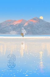 1girl absurdres blue_scarf boots brown_bag brown_boots coat covering_own_mouth double-parted_bangs elf frieren fuwaffy green_eyes highres holding holding_suitcase long_hair looking_at_viewer moon mountain ocean pointy_ears scarf scenery sidelocks solo sousou_no_frieren suitcase twintails white_coat white_hair