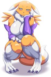 animated black_sclera blinking blue_eyes blush breasts colored_sclera digimon digimon_(creature) fox furry large_breasts looking_at_viewer renamon smile tail video yin_yang
