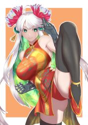 Rule 34 | 1girl, absurdres, bare shoulders, blue hair, blush, braid, breasts, cleavage, closed mouth, colored inner hair, dress, fate/grand order, fate (series), green eyes, green hair, highres, ishikoro 1450, kukulkan (fate), kukulkan (fgo fes. 2025) (fate), large breasts, long hair, looking at viewer, multicolored hair, sidelocks, smile, solo, thighhighs, thighs