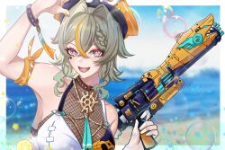 1girl armband armpits beach bikini blue_sky blurry blurry_background border breasts brown_hair bubble chinese_commentary commentary_request fishnets grey_eyes hair_intakes hat highres holding holding_water_gun honkai_(series) honkai_impact_3rd large_breasts looking_at_viewer m78_zaitaoaotezhanshi medium_hair multicolored_bikini multicolored_hair ocean official_alternate_costume open_mouth orange_armband orange_hair pirate_hat sand sky solo streaked_hair swimsuit two-tone_bikini two-tone_hair vill-v vill-v_(i&#039;m_the_storm) water_gun white_border