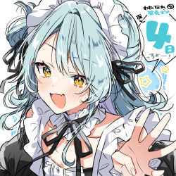1girl aqua_hair black_ribbon blush countdown fang highres koyanagi_kaho maid maid_headdress ribbon smile solo takeshima_eku upper_body watashi_ga_koibito_ni_nareru_wake_naijan_murimuri!