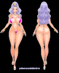 1girl akiranime animated animated_gif anklet ass bikini bouncing_breasts bracelet breasts butt_crack cleavage cleft_of_venus curvy female_focus gensou_suikoden green_eyes heart high_heels high_ponytail highres huge_ass huge_breasts jeane_(suikoden) jewelry lipstick long_hair looking_at_viewer makeup narrow_waist navel o-ring o-ring_bikini o-ring_swimsuit ponytail purple_hair slingshot_swimsuit solo swimsuit thigh_gap walking wide_hips