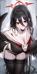 1girl absurdres black_choker black_hair black_wings blue_archive blush breasts choker garter_belt garter_straps hair_between_eyes halo hasumi_(blue_archive) highres huge_breasts kofii long_hair looking_at_viewer mole mole_under_eye red_eyes selfie shirt solo taking_picture very_long_hair wings