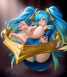 1girl absurdres aqua_hair ass barefoot blue_eyes blue_hair commentary english_commentary feet foot_focus full_body gradient_hair green_hair highres hugging_own_legs instrument kairunoburogu league_of_legends legs long_hair long_sleeves looking_at_viewer multicolored_hair simple_background smile soles solo sona_(league_of_legends) spread_toes toes very_long_hair