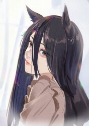 1girl absurdres animal_ears black_hair brown_eyes brown_shirt doushi_tatsu_to_dekkai_no ear_tag earrings eyelashes frilled_shirt frills hair_between_eyes highres horse_ears horse_girl jewelry long_bangs long_hair long_hair_between_eyes manhattan_cafe_(umamusume) no_ahoge shirt single_earring solo umamusume very_long_hair