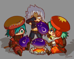 .hack// .hack//g.u. .hack//games 3boys aqua_hair artist_name azure_kite black_gloves blue_eyes bonfire brown_footwear brown_gloves chim_chim commentary_request disgust facial_mark facial_tattoo gloves green_eyes grey_background grey_hair haseo_(.hack//) hat holding impaled kite_(.hack//) male_focus massiu multiple_boys orange_hat patchwork_clothes roasting shaded_face signature sitting steaming_body steaming_food stitched_pants stitched_sleeves stitches struggling tattoo triangle triangle_facial_mark x_x