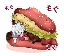 1girl :t antenna_hair blush braid brown_eyes chibi closed_mouth colored_shadow commentary_request eating food food_on_face food_request grey_hair hair_between_eyes hair_ornament highres in_food jacket kizuna_akari long_hair long_sleeves milkpanda mini_person minigirl orange_pantyhose pantyhose puffy_long_sleeves puffy_sleeves red_jacket sesame_seeds shadow simple_background solo star_(symbol) striped_clothes striped_pantyhose sweat translation_request vertical-striped_clothes vertical-striped_pantyhose very_long_hair voiceroid wavy_mouth white_background