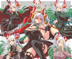 Rule 34 | 1girl, black corset, black dress, black jacket, black thighhighs, boruto: naruto next generations, braid, breasts, cleavage, cloak, corset, cosplay, dagger, dress, fubuki (one-punch man), fushiguro tsumiki, fushiguro tsumiki (cosplay), gradient hair, green hair, grey hair, hayami saori, highres, holding, holding dagger, holding knife, holding weapon, hood, hoodie, horns, jacket, jujutsu kaisen, kimetsu no yaiba, knife, kochou shinobu, kochou shinobu (cosplay), large breasts, lewdamone, multicolored hair, multiple views, naruto (series), one-punch man, one piece, parted lips, purple sweater, red cloak, red eyes, rock, ruby rose, ruby rose (cosplay), rwby, smile, spy x family, sweater, telekinesis, thighhighs, turtleneck, turtleneck sweater, uzumaki himawari, uzumaki himawari (cosplay), v, v-shaped eyebrows, voice actor connection, weapon, yamato (one piece), yellow hoodie, yor briar, yor briar (cosplay)