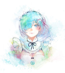 1girl artist_logo blue_eyes blue_hair blush breasts cleavage closed_mouth collar commentary english_commentary frills hair_ornament hair_over_one_eye hair_ribbon lips logo looking_at_viewer maid maid_headdress re:zero_kara_hajimeru_isekai_seikatsu rem_(re:zero) ribbon roswaal_mansion_maid_uniform short_hair simple_background solo white_background wookyung x_hair_ornament