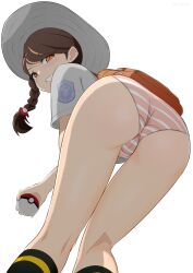 Rule 34 | 1girl, ass, backpack, bag, black socks, braided sidelock, brown hair, commentary request, crotch seam, emblem, feet out of frame, from below, grin, highres, holding, holding poke ball, juliana (pokemon), kneehighs, light blush, long sidelocks, looking at viewer, looking down, loosely tucked bangs, nintendo, no pants, orange bag, orange eyes, panties, poke ball, pokemon, pokemon sv, school uniform, shirt, short hair with long locks, short sleeves, sidelocks, simple background, sirokohi, smile, socks, solo, standing, striped clothes, striped panties, underwear, uva academy school uniform, variant set, wedgie, white background, white shirt