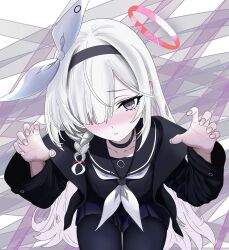 Rule 34 | 1girl, abstract background, black choker, black hairband, black jacket, black pantyhose, black sailor collar, black serafuku, black skirt, blue archive, blush, bow, braid, choker, claw pose, collarbone, commentary, cowboy shot, fingernails, grey eyes, hair over one eye, hairband, halo, highres, jacket, korean commentary, kurotel687, leaning forward, long fingernails, long hair, long sleeves, neckerchief, nose blush, one eye covered, open clothes, open jacket, pantyhose, pink halo, pink nails, pink pupils, plana (blue archive), sailor collar, school uniform, serafuku, side halo, single braid, skirt, solo, very long hair, white background, white bow, white hair, white neckerchief