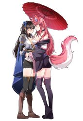 2girls absurdres animal_ears blue_cape boots bow cape ceri_(sakura_dungeon) commission commissioner_upload fox_ears fox_girl fox_tail full_body hair_bow highres holding holding_umbrella hug japanese_clothes kimono knee_boots multiple_girls non-web_source nutella_1231 pink_hair sakura_dungeon smile sweatdrop tail thigh_boots torso_grab transparent_background umbrella yomi_(sakura_dungeon) yuri