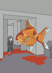 1girl absurdres animal black_dress brown_hair commentary door dress fish flamingo_(totonana) floating goldfish hands_in_pockets highres indoors long_sleeves medium_hair original oversized_animal solo standing surreal wide_shot