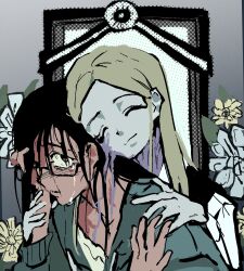 Rule 34 | 2girls, black hair, blonde hair, closed eyes, commentary, english commentary, flower, green jacket, hand on another&#039;s shoulder, hand on own head, highres, iei, jacket, long hair, melting, multiple girls, my september (nastyona), original, picture frame, shirt, sunnyirry, white shirt
